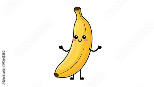 Adorable banana cartoon character with a sweet smiling face and rosy cheeks perfect for healthy food promotions or nursery decor art.