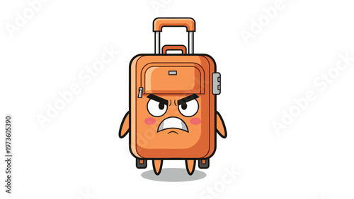 Grumpy orange suitcase character with an angry facial expression and furrowed brows representing travel frustrations or delayed flights.