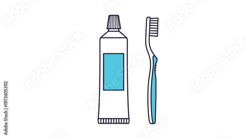 Simple line art illustration of a white toothpaste tube with a blue label and a matching toothbrush set against a white background.