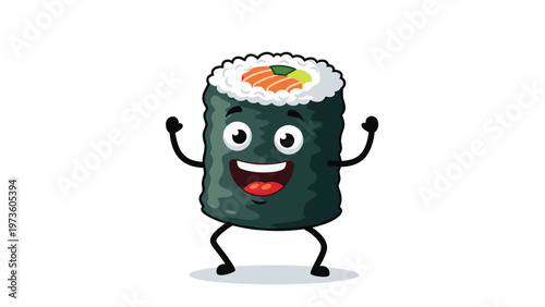 Cheerful sushi roll character with a seaweed wrap and colorful fish filling celebrating with its arms raised in a fun food illustration.