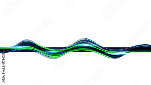 Abstract sound wave visualization with vibrant blue and green glowing lines on a white background