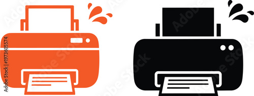 Orange and black printer icons with ink splashes depicting ink jet printing technology. Vector