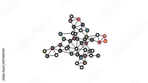 Graphical illustration of a complex data network with interconnected nodes and diverse colored elements on a clean white background