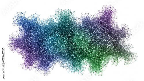Abstract network graph with interconnected nodes in purple and green hues