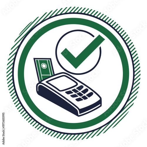 Green payment terminal with checkmark green checkmark secure payment transaction approved