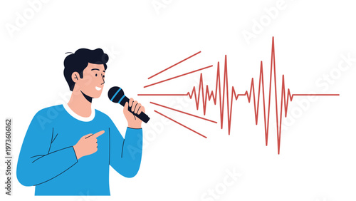 Young man speaks or sings into a microphone with sound wave graphics to represent a podcast or public speaking.