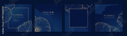 Elegant set of luxurious blue backgrounds with hand drawn golden line art floral pattern. Floral frame. Vector templates for wedding invitation, greeting card, branding, design, social media	