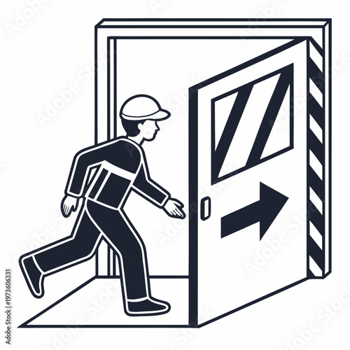 Construction worker rushing through exit door hard hat arrow safety