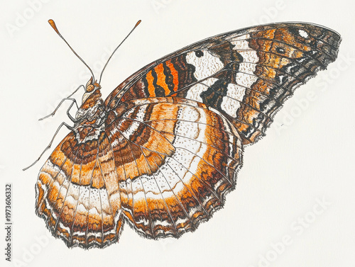 Intricate butterfly illustration featuring detailed orange, brown, and white striped wings on a clean white background