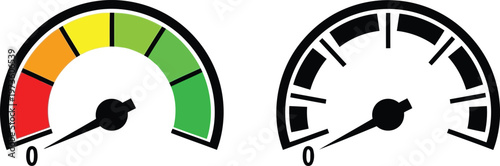 Colorful and monochrome speedometer gauge icons indicating performance and progress measurement levels. Vector