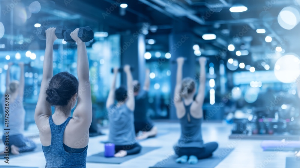 Fototapeta premium Group Fitness Class in Modern Studio with People Exercising on Yoga Mats