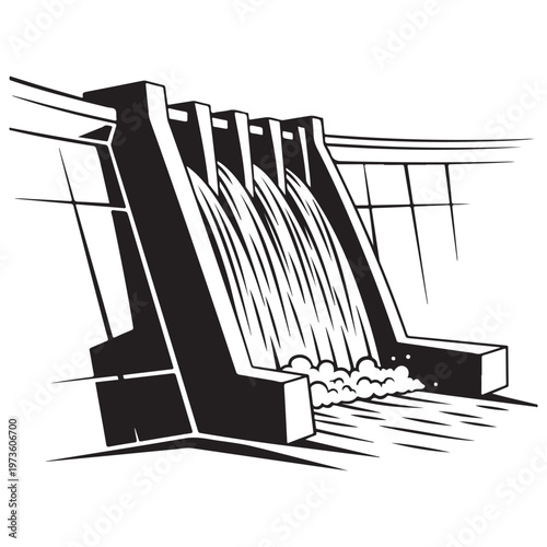 Black and White Illustration of a Flowing Dam Structure