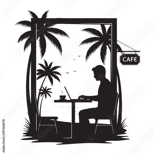 Digital nomad working on laptop at beach under palm tree silhouette illustration.