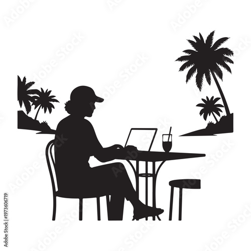 Digital nomad working on laptop at beach under palm tree silhouette illustration.