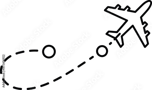 Minimalist line art illustration of an airplane flying along a curved dashed path with circular markers. Vector