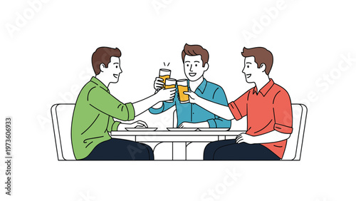 Group of three male friends sitting at a table together toasting with glasses of beer while smiling and enjoying social time in cafe.