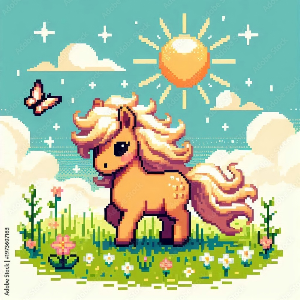 Obraz premium Cute Pixel Art Pony in Sunny Meadow Landscape