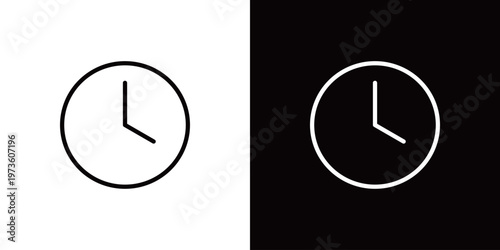 4時を指す丸い掛け時計のラインアイコン。白い線と黒い線のモノクロベクターイラスト