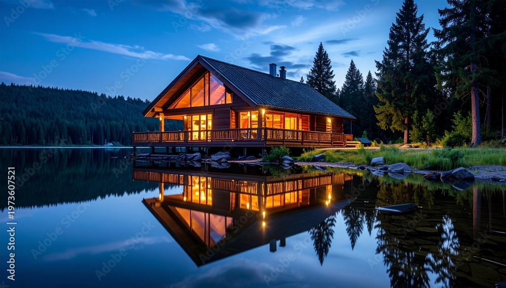 Obraz premium Serene lakeside cabin at dusk surrounded by trees.