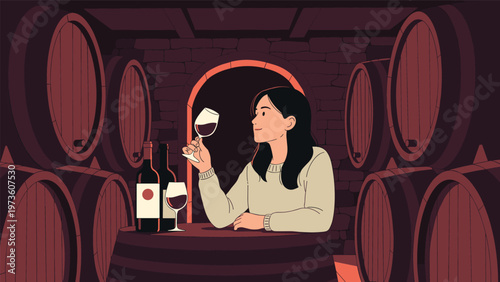Elegant woman sitting in a dark rustic wine cellar surrounded by wooden barrels while examining a glass of red wine with bottles nearby.