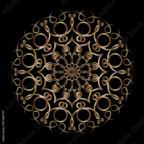 Elegant golden vector mandala with intricate circular flourishes and swirls on a black background. Ideal for luxury branding, yoga studios, wedding invitations, and premium design projects