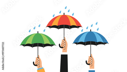 Three hands reaching up to hold different colored umbrellas including green, orange, and blue while raindrops fall against a white background.