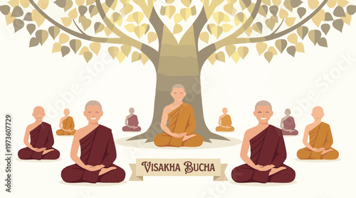 Buddhist Monks Meditating Under Bodhi Tree for Visakha Bucha
