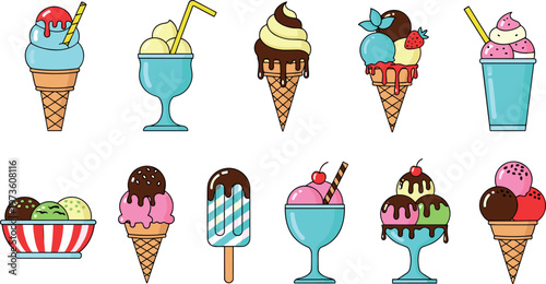 Colorful Ice Cream Sundaes Cones Popsicles Dessert Flat Vector Collection Set
