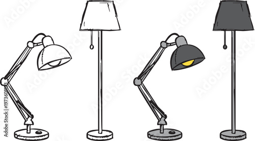 Hand Drawn Office Desk Lamp and Floor Lamp Doodle Set with Outline and Gray Shaded Variations