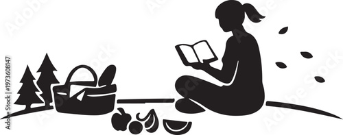 Clean reader on bench curve, open book rectangle, petals drifting nearby.