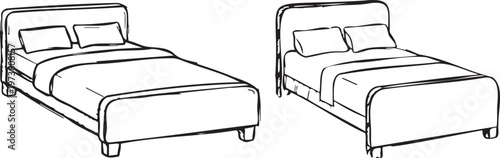 Set of Two Hand Drawn Bedroom Bed Sketches with Pillows in Minimalist Black Line Art Doodle Style