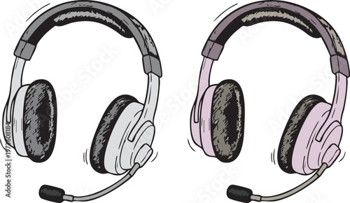 Set of Two Hand Drawn Gaming Headsets with Microphone in White and Pink Doodle Sketch Style