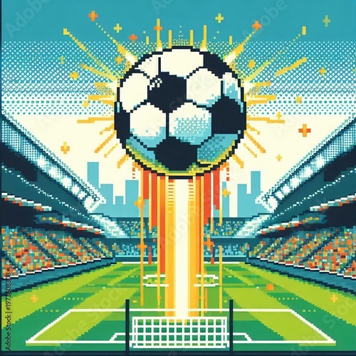 Pixel Art Soccer Ball Explosion in Stadium Scene