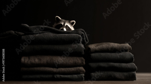 Curious small mammal peeking from stacked soft blankets