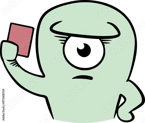 playful green one-eyed monster holding a red card like a referee, cute cartoon character in vector style, whimsical and humorous fantasy creature with expressive features and fun design draw
