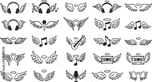 angel wings and music symbols icons