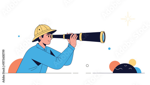 Young man dressed as an explorer with a safari hat looking through a long telescope towards a bright star in the distant sky.
