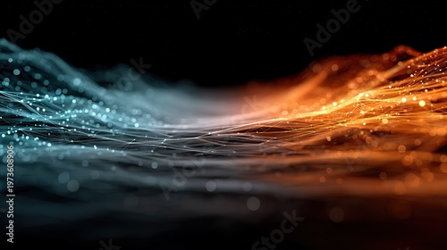 Glowing Blue and Orange Fiber Optic Data Streams, Futuristic Digital Network Transmission Abstract Technology Backdrop for Tech Presentations, Web Design, Digital Marketing Materials