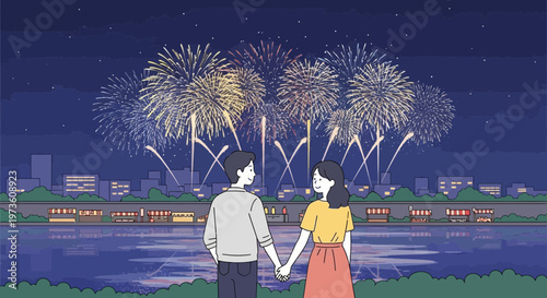 Couple Holding Hands Watching Fireworks Display Over City Skyline at Night