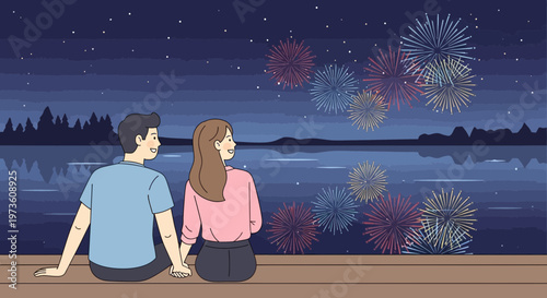 Couple holding hands watching colorful fireworks over lake at night