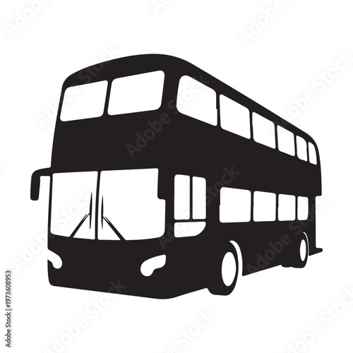 Black and white double decker bus illustration isolated on white background.