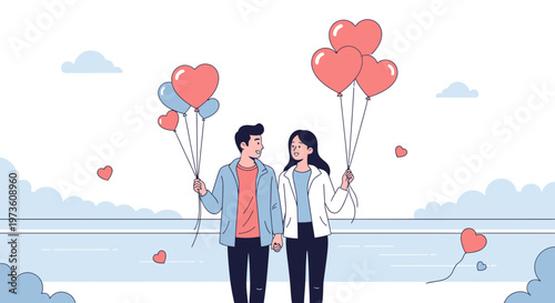 Couple holding heart balloons, celebrating love and romance by the sea