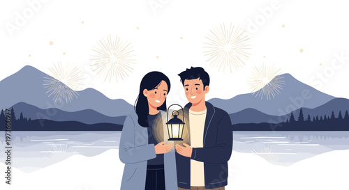 Couple holding lantern with fireworks and mountains background, romantic evening scene