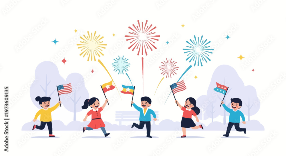 Fototapeta premium Diverse children celebrating with flags and fireworks, symbolizing unity and freedom