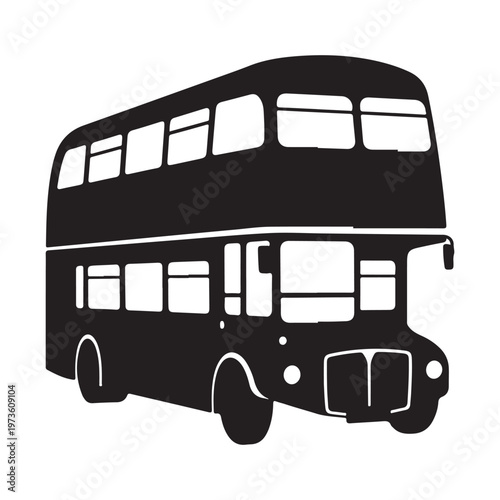 Black and white double decker bus illustration isolated on white background.