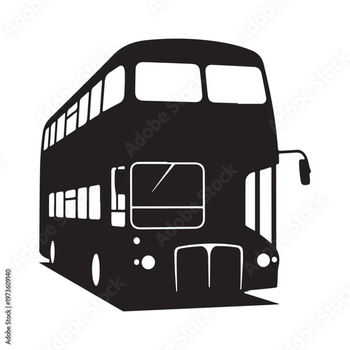Black and white double decker bus illustration isolated on white background.