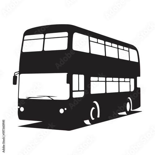 Black and white double decker bus illustration isolated on white background.
