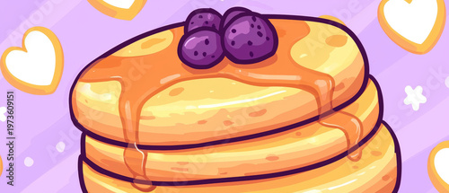 Cartoon pancake stack with blueberries and dripping syrup on a pastel purple background with floating hearts