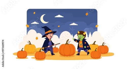 Cute Halloween kids dressed as witch and monster celebrating with pumpkins under the moon