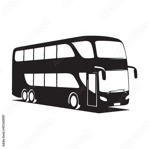 Black and white double decker bus illustration isolated on white background.
